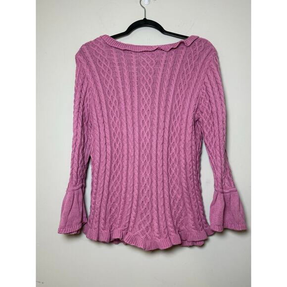 J. Jill Cardigan Sweater Size M Ruffle Front Cotton Cable Knit Pink - Picture 2 of 7